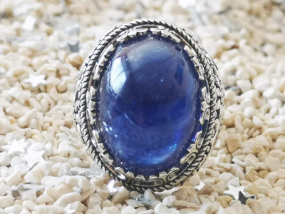 10K Yellow Gold Opal Cabochon and Faceted Sapphire Ring Size 6.5 Circa 1950  - Colonial Trading Company