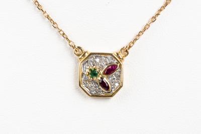 Necklace yellow gold, emerald, ruby and diamonds 2