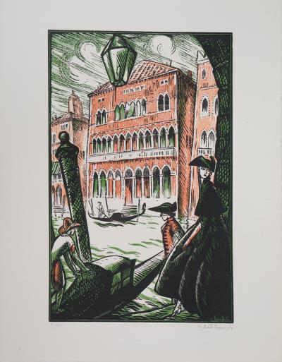 Robert BONFILS: Gondolas on the Grand Canal in Venice - Original signed wood engraving, 1923 2