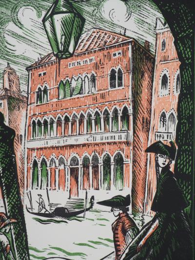 Robert BONFILS: Gondolas on the Grand Canal in Venice - Original signed wood engraving, 1923 2