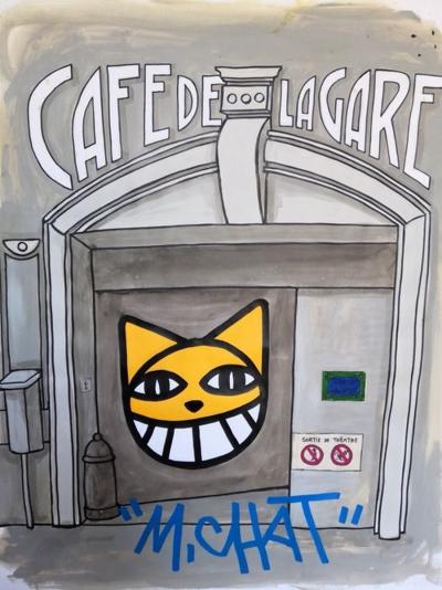 M. CHAT (Thoma Vuille) - Café de la gare - Acrylique sur papier signée au feutre 2