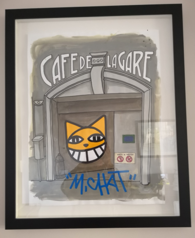 M. CHAT (Thoma Vuille) - Café de la gare - Acrylique sur papier signée au feutre 2