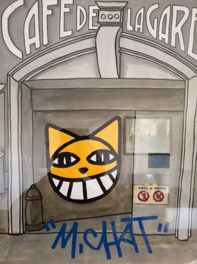 M. CHAT (Thoma Vuille) - Café de la gare - Acrylique sur papier signée au feutre 2