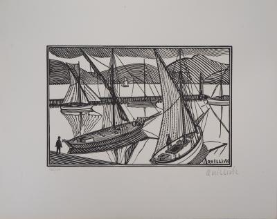 René QUILLIVIC : Les bateaux à quai - Bois gravé original signé, 1923 2