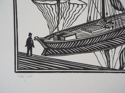 René QUILLIVIC : Les bateaux à quai - Bois gravé original signé, 1923 2