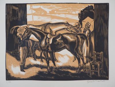 Gérard COCHET : Chevaux avant la course, 1926 - Bois gravé original signé 2