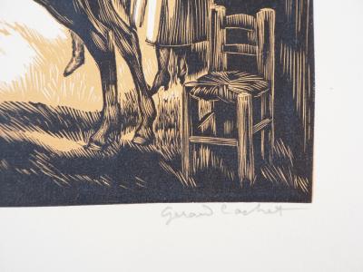 Gérard COCHET : Chevaux avant la course, 1926 - Bois gravé original signé 2