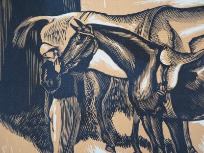 Gérard COCHET : Chevaux avant la course, 1926 - Bois gravé original signé 2