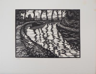 Maurice ROLLET : Le Canal, 1927 - Bois gravé original signé 2