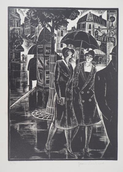 Jean LOMBARD : Sous la pluie - Bois gravé original signé, 1925 2