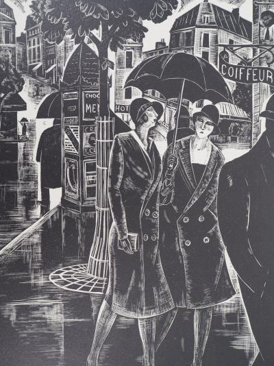 Jean LOMBARD : Sous la pluie - Bois gravé original signé, 1925 2