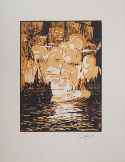 Daniel GIRARD : Combat Naval - Bois gravé original signé, 1925 2