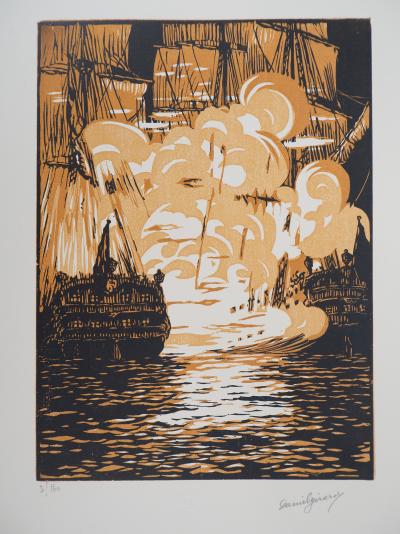 Daniel GIRARD : Combat Naval - Bois gravé original signé, 1925 2