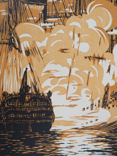 Daniel GIRARD : Combat Naval - Bois gravé original signé, 1925 2