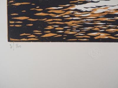 Daniel GIRARD : Combat Naval - Bois gravé original signé, 1925 2