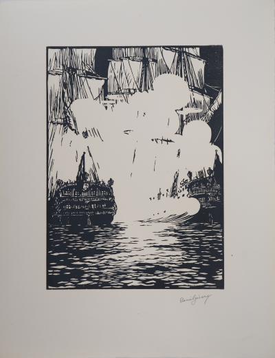 Daniel GIRARD : Combat Naval - Bois gravé original signé, 1925 2