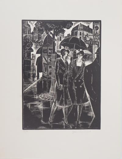 Jean LOMBARD : Sous la pluie - Bois gravé original signé, 1925 2
