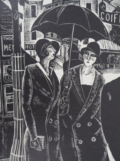Jean LOMBARD : Sous la pluie - Bois gravé original signé, 1925 2