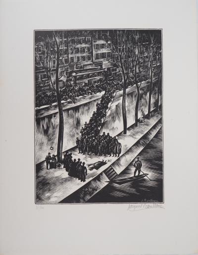 Jacques BOULLAIRE : Quais de la Seine (La Noyée) - Bois gravé original signé, 1927 2