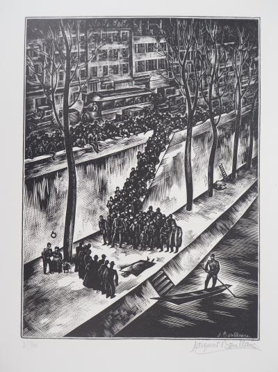 Jacques BOULLAIRE : Quais de la Seine (La Noyée) - Bois gravé original signé, 1927 2