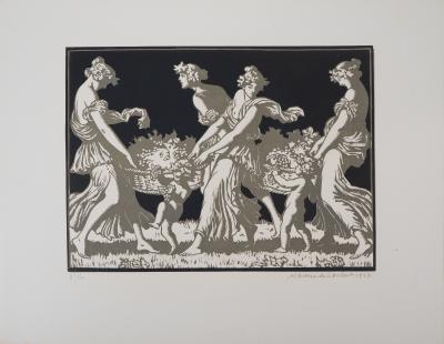 Maurice De LAMBERT : Hommage à Bacchus, les vendanges, 1927 - Bois gravé original signé 2