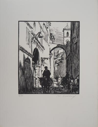Paul Adrien BOUROUX : Corse, Rue à Bonifacio - Bois gravé original signé, 1926 2