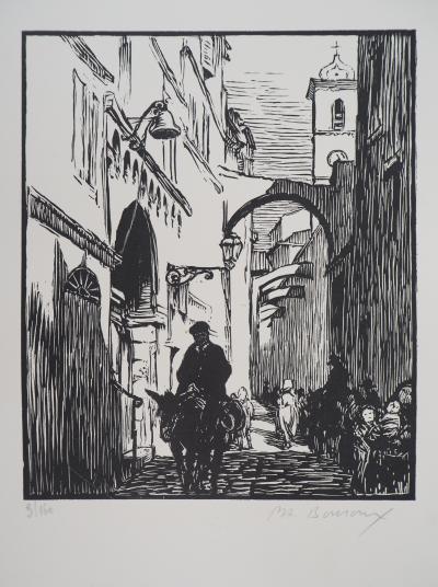 Paul Adrien BOUROUX : Corse, Rue à Bonifacio - Bois gravé original signé, 1926 2