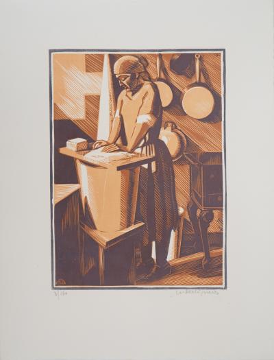 André DESLIGNIERES : Nivernais, la laveuse - Bois gravé original signé, 1926 2