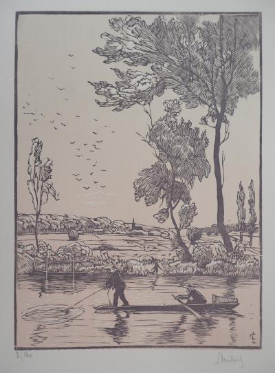Georges LE MEILLEUR : Pêche : le coup d’épervier - Bois gravé original signé, 1926 2