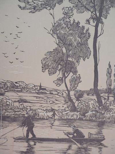Georges LE MEILLEUR : Pêche : le coup d’épervier - Bois gravé original signé, 1926 2