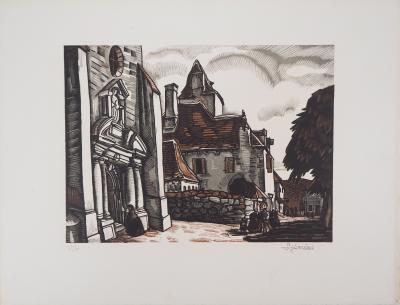 Louis SOULAS : Dordogne, la Place à Domme - 1928 - Bois gravé original signé 2