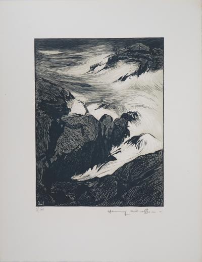 Henry CHEFFER : Finistère : Marée montante - 1928 - Bois gravé original signé 2