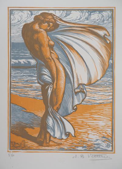 Jean Baptiste VETTINER : Sur la plage, 1928 - Bois gravé original signé 2