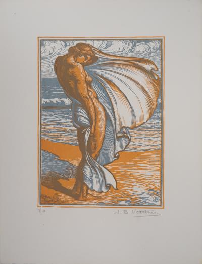 Jean Baptiste VETTINER : Sur la plage, 1928 - Bois gravé original signé 2