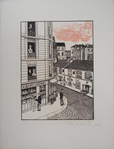 Théo SCHMIED : Paris, Le Génie de la rue Hallé - 1928 - Bois gravé original signé 2