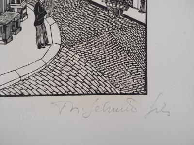 Théo SCHMIED : Paris, Le Génie de la rue Hallé - 1928 - Bois gravé original signé 2