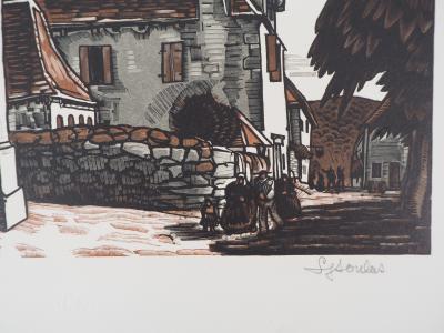 Louis SOULAS : Dordogne, la Place à Domme - 1928 - Bois gravé original signé 2