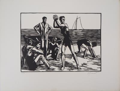 Raphael DROUART : Pays Basque, Jeux sur la plage - 1928 - Bois gravé original signé 2