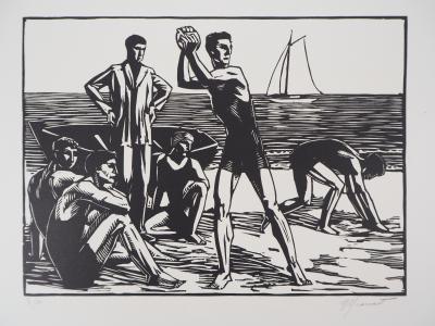 Raphael DROUART : Pays Basque, Jeux sur la plage - 1928 - Bois gravé original signé 2