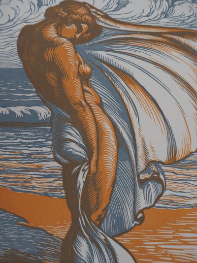 Jean Baptiste VETTINER : Sur la plage, 1928 - Bois gravé original signé 2