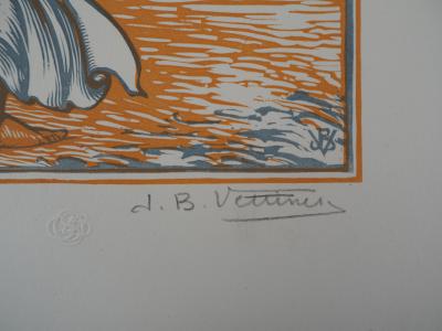 Jean Baptiste VETTINER : Sur la plage, 1928 - Bois gravé original signé 2