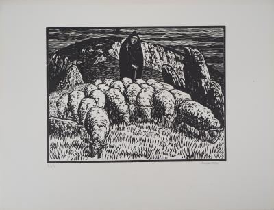 Henri AMEDEE-WETTER : Creuse, Bergère et ses moutons - 1920 - Bois gravé original signé 2