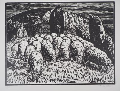 Henri AMEDEE-WETTER : Creuse, Bergère et ses moutons - 1920 - Bois gravé original signé 2