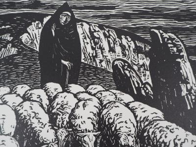 Henri AMEDEE-WETTER : Creuse, Bergère et ses moutons - 1920 - Bois gravé original signé 2