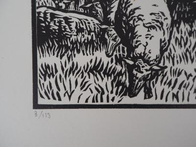Henri AMEDEE-WETTER : Creuse, Bergère et ses moutons - 1920 - Bois gravé original signé 2