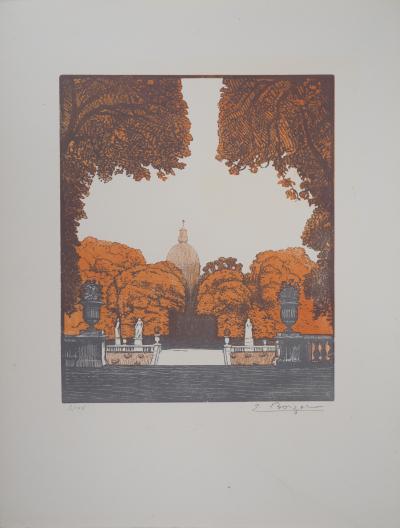 Emile BOIZOT : Paris, Le jardin du Luxembourg - 1920 - Bois gravé original signé 2