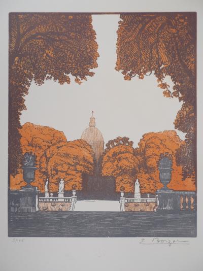 Emile BOIZOT : Paris, Le jardin du Luxembourg - 1920 - Bois gravé original signé 2