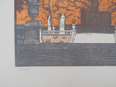 Emile BOIZOT : Paris, Le jardin du Luxembourg - 1920 - Bois gravé original signé 2