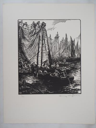 Henry CHEFFER : Bretagne, Au port de Douarnenez - 1920 - Bois gravé original signé 2