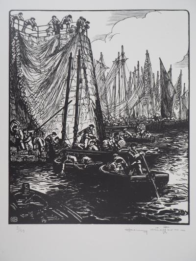 Henry CHEFFER : Bretagne, Au port de Douarnenez - 1920 - Bois gravé original signé 2